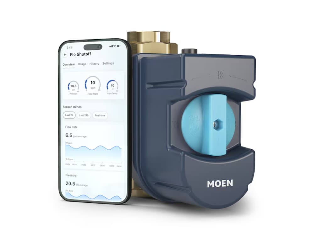 Flo by Moen smart water shutoff device beside its mobile app interface